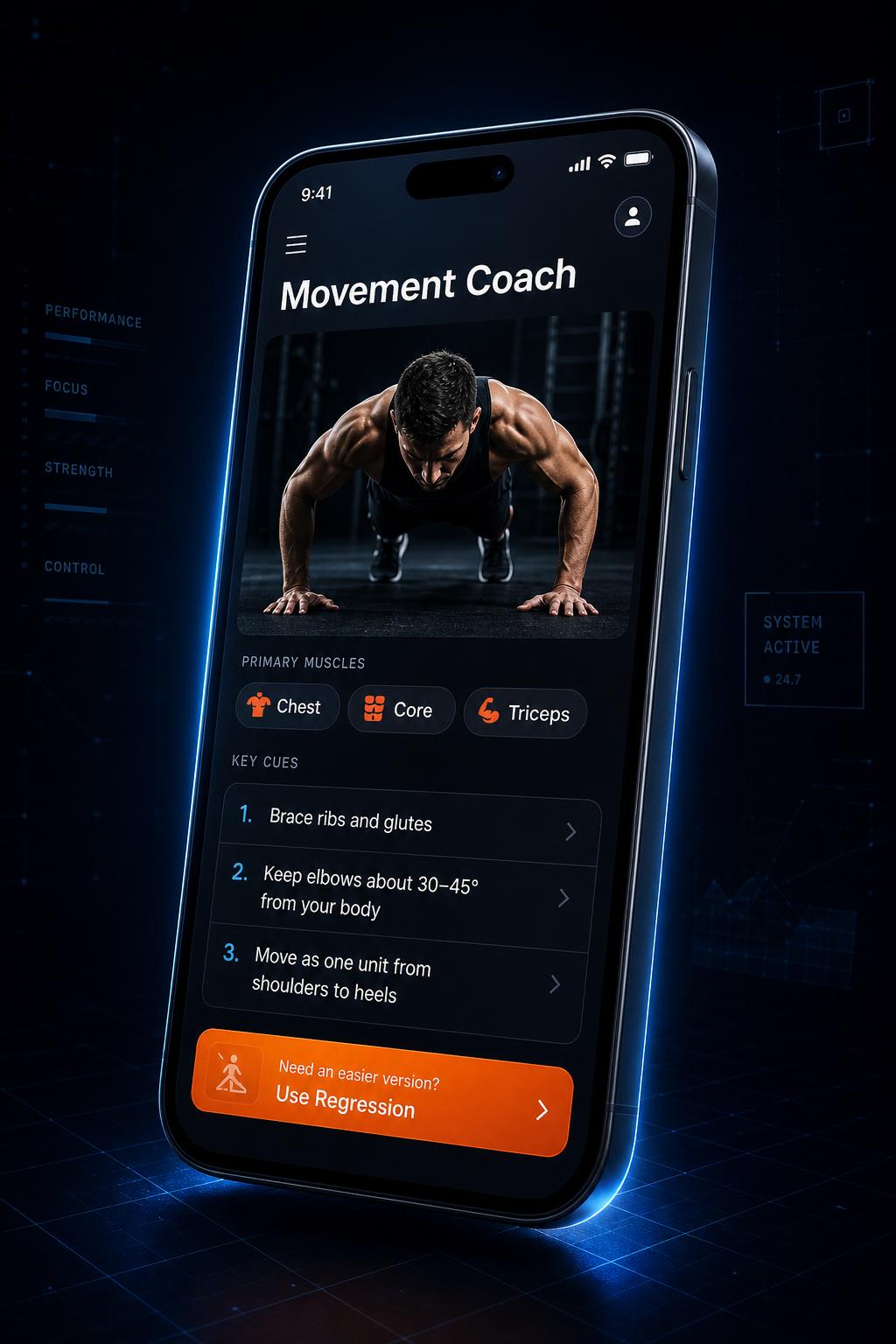 Warrior Workouts mobile app showing the Movement Coach screen